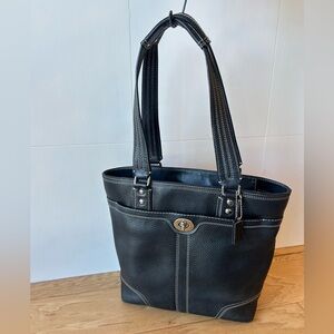 Coach Black Pebble Leather Hamilton Turnlock Tote Shoulder Bag Silver Accents